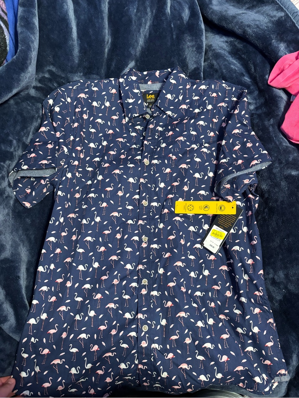 Lee Navy Shirt with Pink & White Flamingo Print